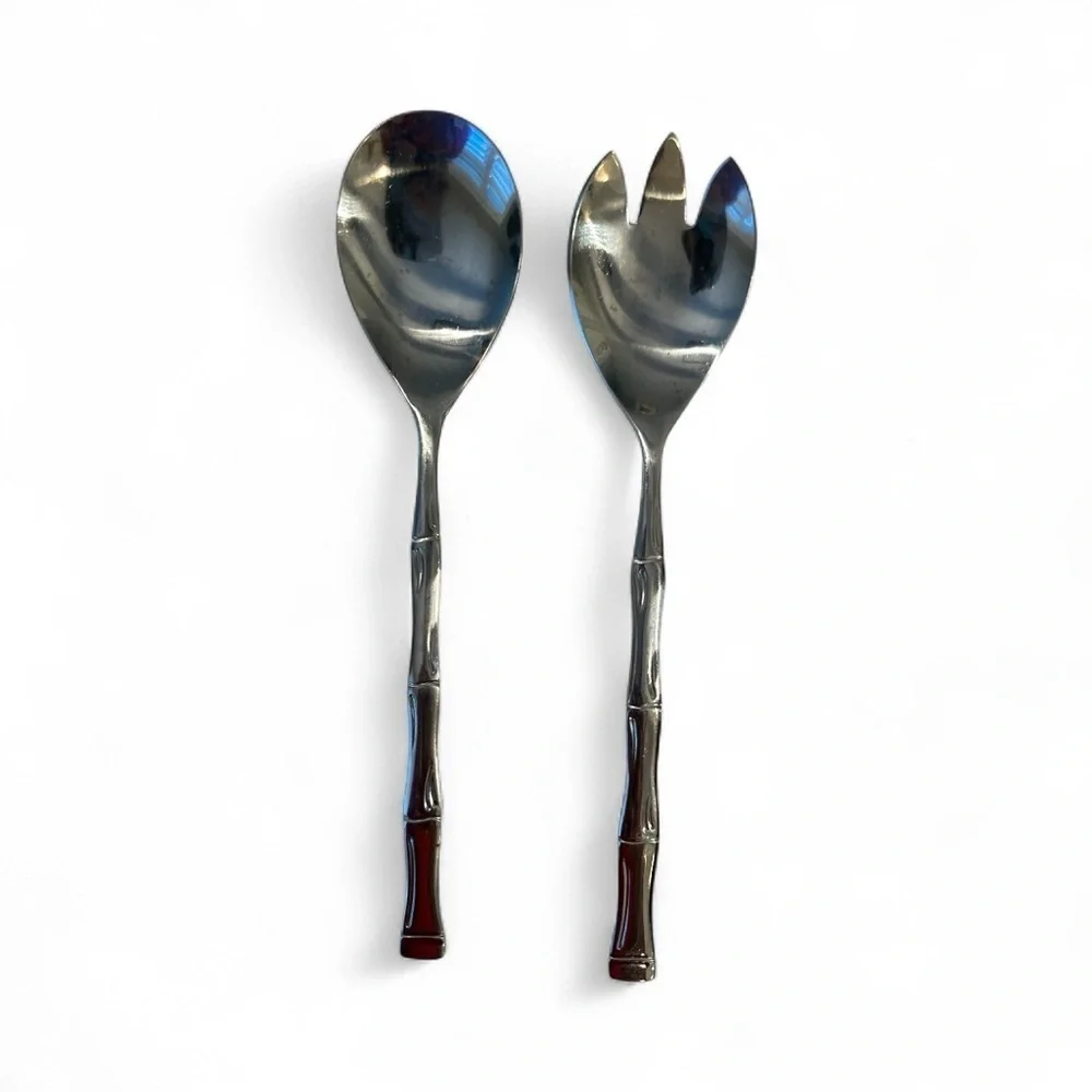 2 Piece Salad Set Bamboo Mid Century Stainless Steel Korea 9